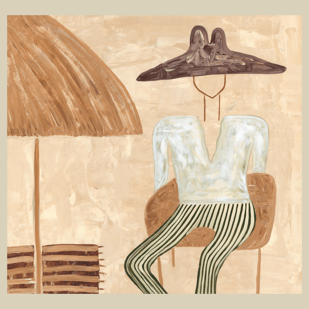 Abstract artwork with a figure sitting on a chair, a hat, and a towel against a beige background.