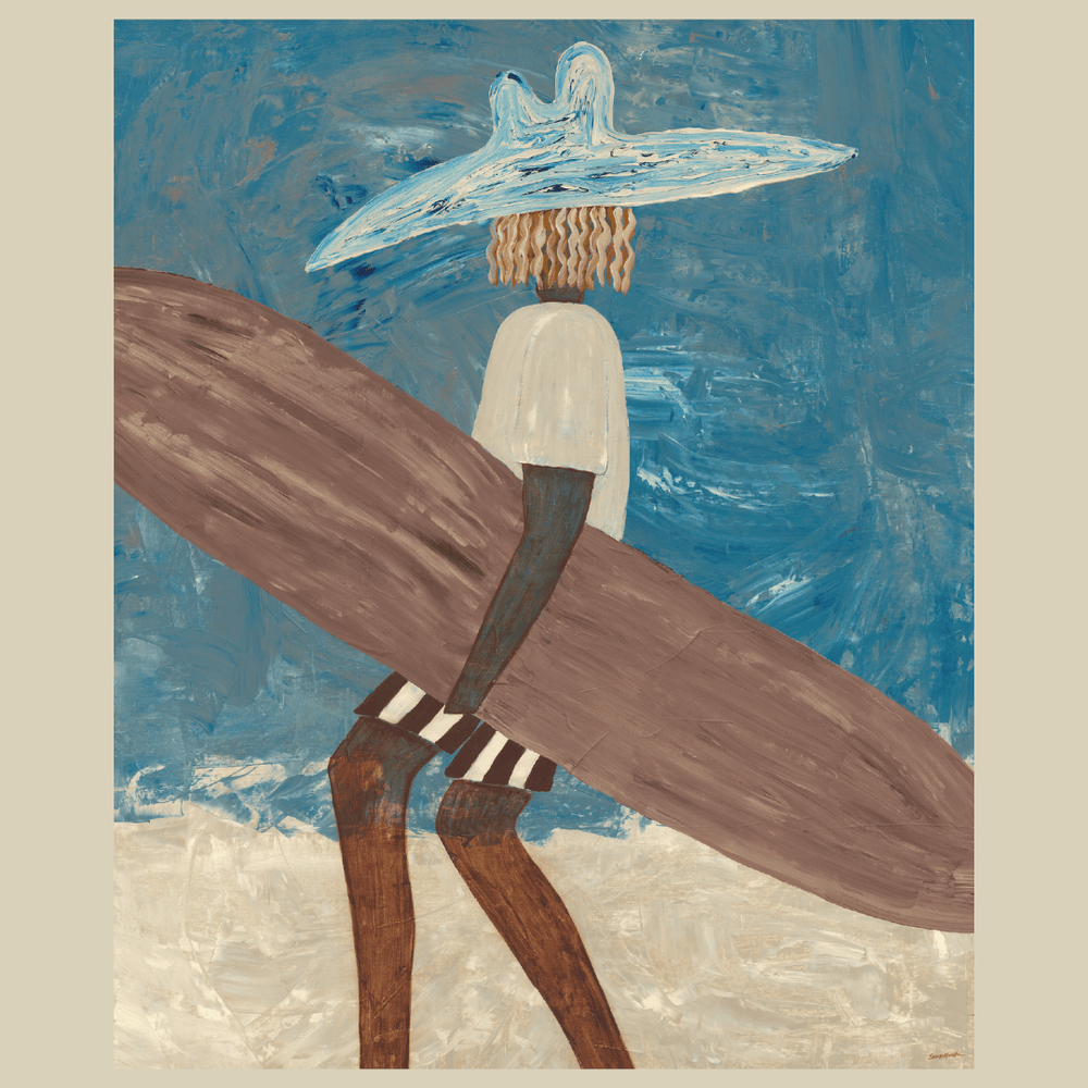Artistic depiction of a person with a surfboard against a blue and white background